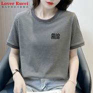 LOVER RUCCI撞色減齡上衣純棉條紋短袖t恤女2025夏季新款灰色正肩寬松體恤潮 23106灰白色 （短袖）25 M 建議90-105斤