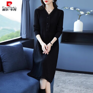 皮爾卡丹（pierre cardin）中長(cháng)款打底毛衣裙時(shí)尚v領(lǐng)毛線(xiàn)裙大碼寬松女裝顯瘦百搭針織連衣裙 黑色 M