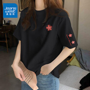 真維斯（JEANSWEST）純棉短袖女夏季2025新款休閑百搭半袖體恤衫女士潮流t恤女上衣服 黑色 格子小紅花_K-格子小紅花 M