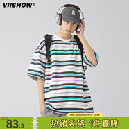 viishow日系潮牌條紋圓領(lǐng)短袖T恤男夏季寬松情侶百搭半袖tee 藍(lán)色 L