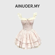 AINUOER.MY櫻織花刺繡花卉公主甜美風微胖顯瘦小飛袖溫柔碎花短款短袖連衣裙 粉色飛飛袖短款連衣裙 M