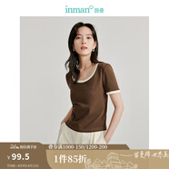 茵曼（INMAN）撞色羅紋棉女裝U領(lǐng)短袖T恤修身氣質(zhì)休閑通勤2025夏季新款短款上衣 深咖啡 S