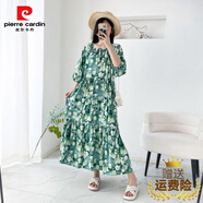 皮爾卡丹（PIERRE CARDIN）棉綢連衣裙女夏季韓版寬松大擺波西米亞碎花氣質(zhì)人造棉沙灘長裙子 綠色 L 大號（建議145斤-175斤)