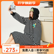 B.DuckB.Duck小黃鴨女裝長(zhǎng)袖帶帽連身裙秋冬新款寬松中長(zhǎng)款條紋潮 黑白條 XS