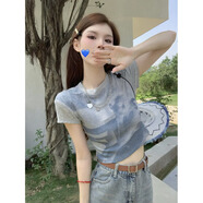 哈魯?shù)厦朗綇?fù)古灰色正肩短袖t恤女夏季設(shè)計(jì)感小眾辣妹修身露臍短款上衣 灰色 XL (100-115斤）