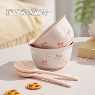 新款釉下彩陶瓷碗餐具套裝少女心ins風(fēng)陶瓷碗勺 【粉+白】兩碗兩勺