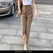 薩拉維夫煙管褲女2025夏季新款高腰直筒休閑褲子西裝女褲哈倫褲 卡其色 XL 推薦115-125斤