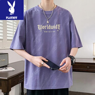 花花公子（PLAYBOY）紫色短袖男夏季薄款寬松休閑圓領(lǐng)半袖青少年衣服男生潮牌扎染體恤 D332紫色 M 約80-100斤可穿