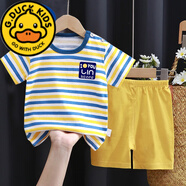 G.DUCKKIDS兒童夏裝男孩t恤韓版女寶寶純棉短袖短褲T男寶夏季套裝嬰兒童裝 可愛2件套丨藍橙條紋 90 適合80-90cm年齡2-3歲
