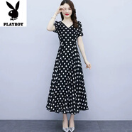 花花公子（PLAYBOY）2025法式黑白波點(diǎn)連衣裙女夏雪紡感氣質(zhì)大碼胖MM大擺圓點(diǎn)長裙 黑色-旗艦款 2XL _建議125-135斤