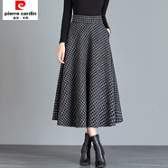 皮爾卡丹咖色毛呢半身裙女秋冬季2025新款中長(cháng)款顯瘦a字裙高腰大擺傘裙子 灰格 加厚 M 建議90-105斤