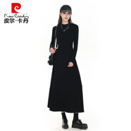 皮爾卡丹（pierre cardin）黑色連衣裙女秋冬圓領(lǐng)長(cháng)袖加絨加厚收腰針織內搭打底連身裙長(cháng)裙女 黑色 M