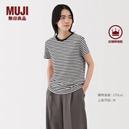 無印良品（MUJI）女式 天竺編織 圓領(lǐng)短袖T恤 上衣打底衫女款25年夏季女裝內(nèi)搭 黑色條紋 BB2SBA5S M (160/84A)