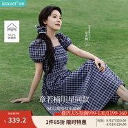 茵曼（INMAN）章若楠同款法式方領(lǐng)格紋連衣裙2025夏季新品女裝泡泡袖裙子 藏青藍 63.1%棉 XL
