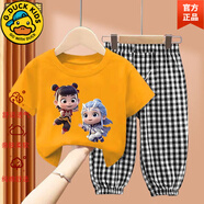 G.DUCKKIDS品牌正品兒童短袖套裝新款國潮哪吒兒童衣服時尚薄款短袖t恤格子 官方旗艦品質(夏季套裝)橙色哪吒敖丙+格子褲 150建議身高140-150CM 均碼