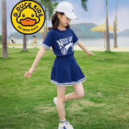 G.DUCKKIDS品牌童裝女童套裝夏季套裙兒童夏裝短袖T恤半身裙子兩件套中大童 2338 藏青色 140
