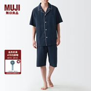 無(wú)印良品（MUJI）男式 無(wú)側(cè)縫泡泡紗短袖睡衣男士家居服套裝男款夏季純棉全棉 深藏青色 L