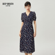 深呼吸DEEP BREATH女裝V領(lǐng)中長高腰泡泡袖收腰碎花連衣裙A500197 藏藍(lán)-花 M (3碼)
