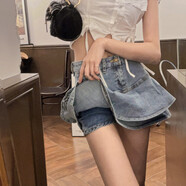邦圻牛仔半身裙女裙高腰半裙辣妹荷葉邊魚尾短裙夏季a字百褶超短 K144藍(lán)色 S 【建議適合85-95斤】