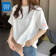 真維斯（JEANSWEST）純棉短袖女夏季2025新款休閑百搭半袖體恤衫女士潮流t恤女上衣服 白色 粉色幸運_K-粉色幸運袖_K S