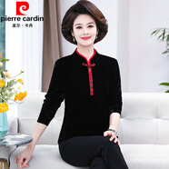 皮爾卡丹媽媽裝春秋金絲絨新款t恤女打底衫中老年大碼女裝復古體恤上衣 黑色 3XL