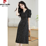 皮爾卡丹（pierre cardin）黑色V字領(lǐng)碎花連衣裙優(yōu)雅泡泡袖仿桑蠶絲長(cháng)裙氣質(zhì)淑女風(fēng)收腰A字裙 黑色碎花裙 S