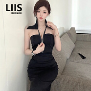 LIIS海外高端品牌實拍夏季拉鏈深V領掛脖氣質抹胸禮服/晚裝性感露背包 黑色 S