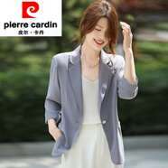 皮爾卡丹夏季薄款西裝外套OL風(fēng)開(kāi)衫女短款配吊帶裙外搭雪紡透氣防曬空調衫 灰色 XL 建議10-120斤