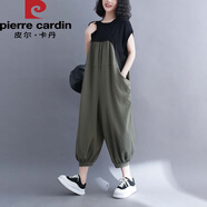 皮爾卡丹大碼女裝夏季文藝棉麻背帶褲女寬松束腳九分褲顯瘦洋氣連體燈籠褲 綠色 XL 【建議100-150斤】