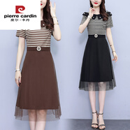皮爾卡丹（pierre cardin）胖仙女大碼女裝2025夏季新款小香風(fēng)短袖修身顯瘦超仙大碼連衣裙潮 咖啡色 今年流行的輕奢品牌 L 建議100-115斤