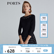PORTS寶姿 商場同款新品女裝中袖印花針織連衣裙SL8K260KKY002 黑-漣漪粉混色 L