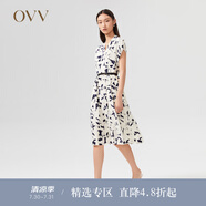 【抽象筆刷印花】OVV22春夏新款女裝23MM重縐真絲包肩短袖連衣裙 米白花紋07 M