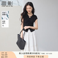 香影v領(lǐng)短袖t恤女2025夏季新款小飛袖捏褶收腰氣質(zhì)法式上衣薄 黑色 T恤 M 160/84A/95-110斤