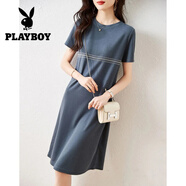 花花公子（PLAYBOY）韓版抖音多巴胺直筒裙寬松百搭亮絲織條設(shè)計(jì)小個(gè)子衛(wèi)裙連衣裙 灰藍(lán)色 2XL 【建議126-135斤】