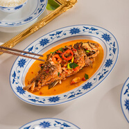 紅葉（RL）國瓷景德鎮陶瓷青花中式餐具套裝碗碟魚(yú)盤(pán)湯碗面碗小勺釉中彩 川子蓮12英寸魚(yú)盤(pán)