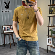 花花公子（PLAYBOY）冰絲棉麻短袖T恤男輕奢三角標(biāo)體恤休閑潮上衣 黃色 M 90-115斤