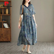 皮爾卡丹（pierre cardin）復古文藝刺繡花色苧麻連衣裙女夏季新款中袖中長(cháng)款裙子顯瘦度假裙 藍色 M 【建議90-105斤】