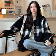 AEMAPE 2025秋季新款美式時(shí)尚復古格子拼接氣質(zhì)棒球服短外套女裝原宿風(fēng) 黑色_高品質(zhì)【雙層有里布】 XL _120-135斤