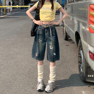 均垚牛仔短褲五分褲子女款2025年新款寬松夏季外穿高腰美式百搭顯瘦 刺繡小狗五分牛仔短褲【復(fù)古藍(lán)】 M （建議90-115斤）
