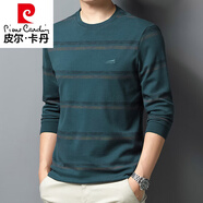 皮爾卡丹（pierre cardin）高檔款春秋款圓領(lǐng)長(zhǎng)袖t恤中年男休閑條紋薄款棉體恤打底衫爸爸裝 9229款綠色 S 165/48