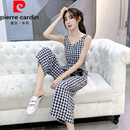皮爾卡丹（pierre cardin）夏季新款韓版連體衣女垂感高腰連身闊腿褲無(wú)袖背帶格子連體褲套裝 黑白格 S