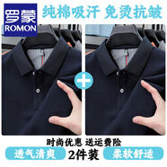 羅蒙（ROMON）夏季新款純棉短袖t恤男士商務(wù)休閑翻領(lǐng)寬松純色polo領(lǐng)衫T恤上衣男 短袖 藏青+藏青 【兩件優(yōu)惠裝】 M 90-115斤