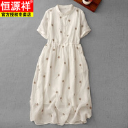 恒源祥法式文藝刺繡花亞麻連衣裙女2025夏森系設(shè)計感氣質(zhì)顯瘦短袖襯衫裙 圖片色 【單層清涼不透】 L 【建議110-125斤】
