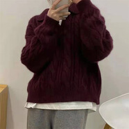 溥畔韓國秋冬季女裝復古麻花毛衣女寬松套頭polo領(lǐng)針織衫女 磚紅 均碼