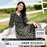 尚都比拉度假風(fēng)碎花連衣裙女夏天V領(lǐng)氣質(zhì)中長裙收腰A字雪紡裙子 黑花 M