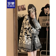 羅蒙（ROMON）高級感復(fù)古提花流蘇毛衣開衫外套女秋冬中長款寬松慵懶風(fēng)早春針織 黑白拼色 L -105-115斤拍