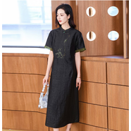 恒源祥杭州真絲連衣裙女夏季新款短袖寬松顯瘦香云紗復古媽媽桑蠶絲裙子 2916D 黑色100%桑蠶絲 L 95-110斤