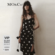MO&Co.連衣裙復古波點解構吊帶蕩領捏褶高腰開叉斜裁摩安珂 黑白波點色 L 170