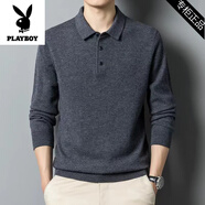 花花公子（PLAYBOY）高檔品牌翻領(lǐng)polo衫男士襯衫領(lǐng)加厚中青年羊毛衫打底毛衣男秋冬款 灰色 3XL 185建議170-190斤
