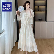 羅蒙（ROMON）新中式國(guó)風(fēng)盤(pán)扣假兩件連衣裙夏季新款重工刺繡寬松顯瘦遮肉旗袍裙 杏色 假兩件連衣裙 L 建議100-120斤